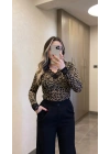Leopar Dantelli V Yaka Kaşmir Bluz