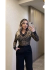 Leopar Dantelli V Yaka Kaşmir Bluz