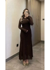 Dantelli Astarlı Acı Kahve Maxi Boy Elbise