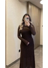Dantelli Astarlı Acı Kahve Maxi Boy Elbise