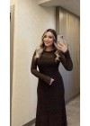 Dantelli Astarlı Acı Kahve Maxi Boy Elbise