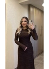 Dantelli Astarlı Acı Kahve Maxi Boy Elbise