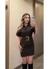 Acı Kahve Gold Kemerli Denim Elbise
