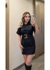 Lacivert Gold Kemer Detaylı Denim Elbise