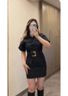 Lacivert Gold Kemer Detaylı Denim Elbise