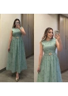Kabartma Çiçekli Mint Elbise