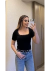 Siyah Önü Dantelli Kare Yaka Body
