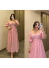 Pembe Yakası Büzgülü Müslin Elbise