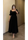 Siyah Yakası Büzgülü Müslin Elbise