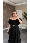 Siyah Katkatlı Fırfırlı Elbise