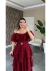 Bordo Katkatlı Fırfırlı Elbise