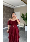 Bordo Katkatlı Fırfırlı Elbise