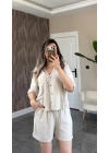 Taş Rengi Keten Gömlek Şort Takım