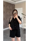 Siyah Keten Gömlek Şort Takım