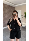 Siyah Keten Gömlek Şort Takım