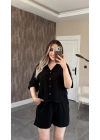 Siyah Keten Gömlek Şort Takım