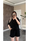 Siyah Keten Gömlek Şort Takım