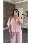 Toz Pembe Tensel Gömlek Pantolon Takım