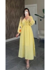 Sarı Kolu Nakışlı Müslin Elbise
