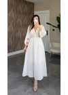 Beyaz Kolu Nakışlı Müslin Elbise