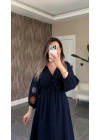 Lacivert Kolu Nakışlı Müslin Elbise