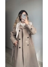Premium Kalite Fularlı Bej Trenç