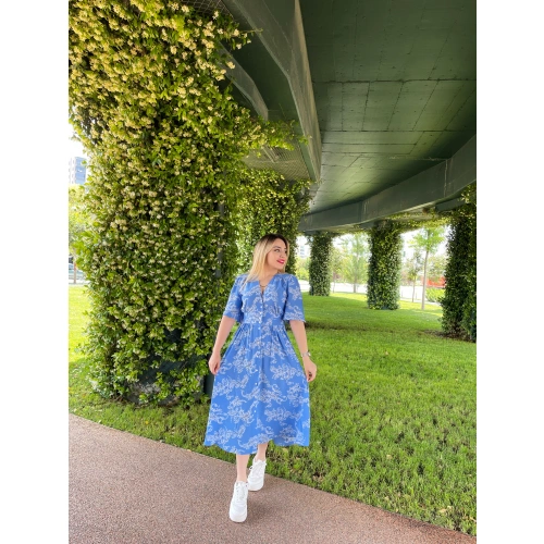 Mavi Çiçek Desenli Elbise