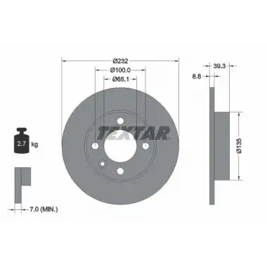 TEXTAR Fren Diski Arka (22876-ddf1233-df4062 (Adet Fiyat)) - VW Grubu (VW/Audi/Seat/Skoda) TX 92098203