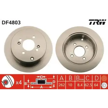 TRW Fren Diski Arka (Adet : 262 X 4 Düz) - Kore Araçları (Hyundai/Kia) DF4803