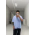 Bebe mavisi kendinden desenli kısa kol keten gömlek