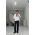 Beyaz uzun kollu cizgili yüksek kalite keten gömlek
