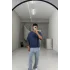 Lacivert bürümcuk kumaş yazı detaylı crop tişört