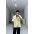 Sarı kendinden desenli kısa kol keten gömlek