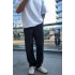 Siyah yüksek kalite keten baggy pantolon