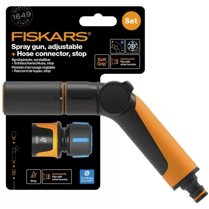 FİSKARS ÇOKLU SULAMA TABANCASI VE 13mm STOPLU HORTUM BAĞLANTISI