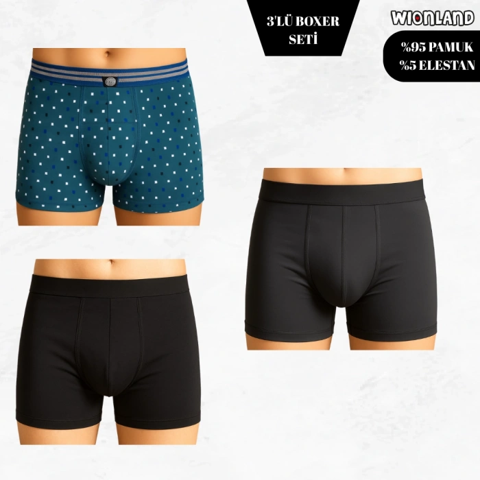 Erkek 3lü Boxer Seti – S Beden (Benekli Desenli / Siyah / Açık Siyah)