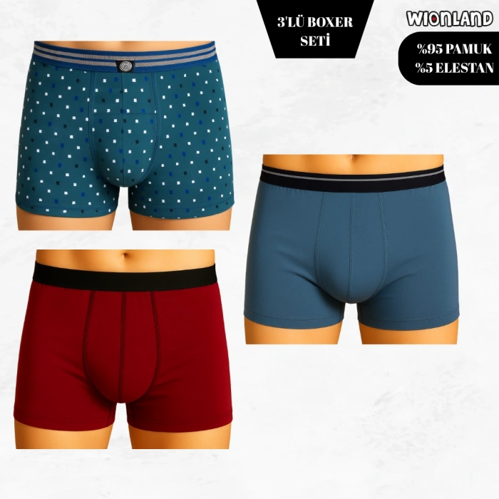 Erkek 3lü Boxer Seti – L Beden (Benekli Desenli / Bordo / Açık Mavi)