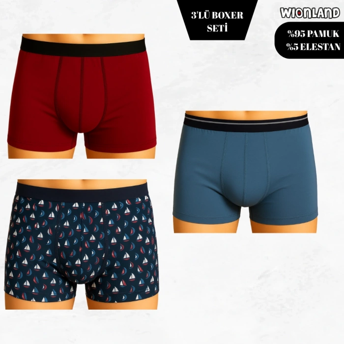 Erkek 3lü Boxer Seti – L Beden (Yelkenli Desenli / Açık Mavi / Bordo)