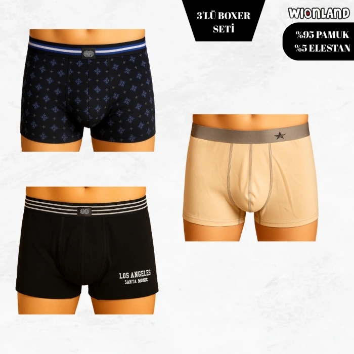 Erkek 3lü Boxer Seti – S Beden (Lacivert Mavi Gri Desenli / Siyah / Krem)