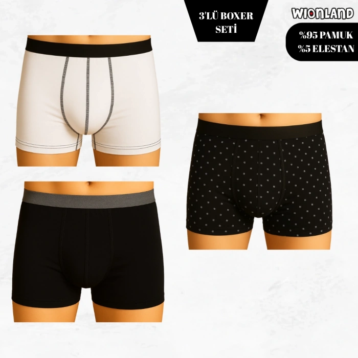 Erkek 3lü Boxer Seti – M Beden (Beyaz / Siyah / Siyah Benekli)