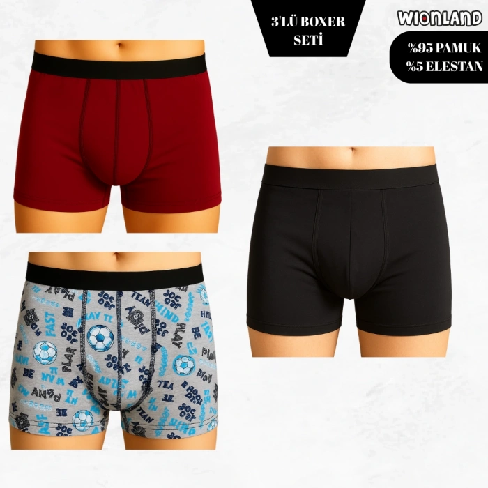 Erkek 3lü Boxer Seti – M Beden (Futbol Temalı / Siyah / Bordo)