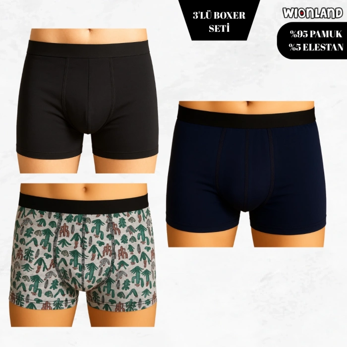 Erkek 3lü Boxer Seti – M Beden (Kaktüs Temalı / Siyah / Lacivert)