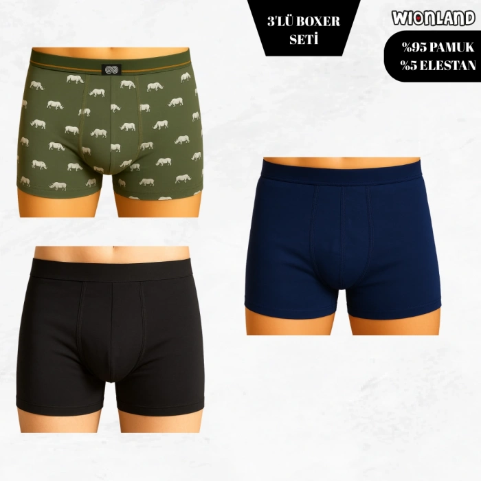 Erkek 3lü Boxer Seti – S Beden (Yeşil Desenli / Siyah / Lacivert)