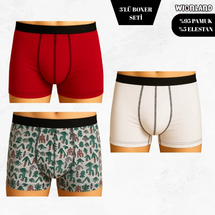Erkek 3lü Boxer Seti – XL Beden (Kaktüs Temalı / Kırmızı / Beyaz)