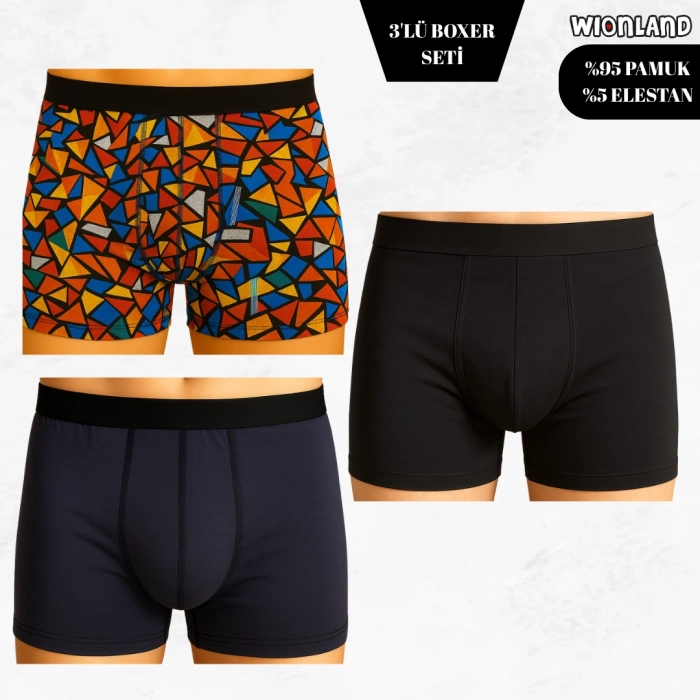 Erkek 3lü Boxer Seti – XXL Beden (Renkli Üçgen Desenli / Koyu Mor / Siyah)