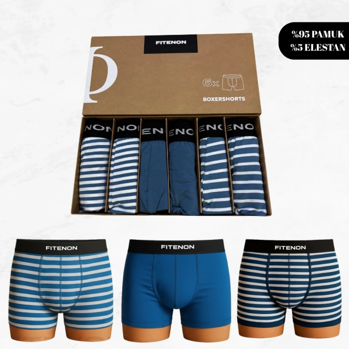 Fitenon Erkek 6’lı Boxer Seti – (Mavi / Çizgili Mavi / Koyu Çizgili Mavi)