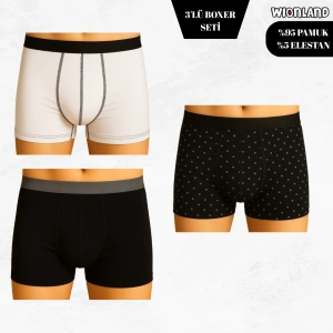 Erkek 3lü Boxer Seti – M Beden (Beyaz / Siyah / Siyah Benekli)