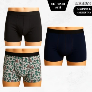 Erkek 3lü Boxer Seti – M Beden (Kaktüs Temalı / Siyah / Lacivert)