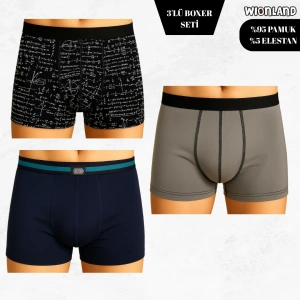 Erkek 3lü Boxer Seti – M Beden (Siyah Yazılı / Lacivert / Bej)