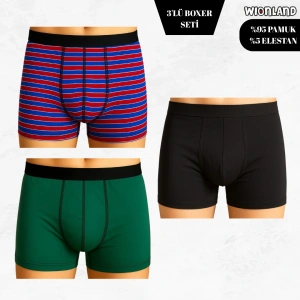 Erkek 3lü Boxer Seti – XL Beden (Renkli Çizgili / Yeşil / Siyah)